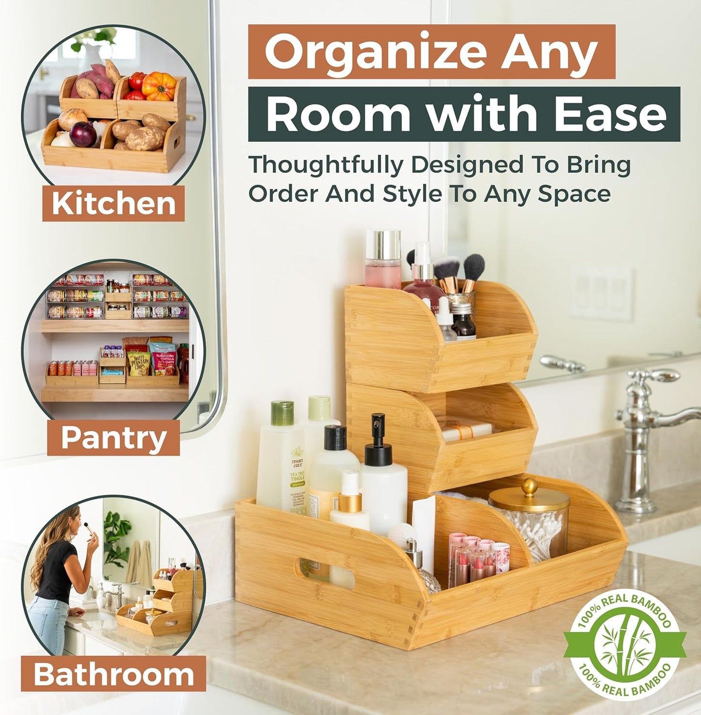 Potato and Onion Storage Bin for Pantry and Kitchen Counter - Ventilated Stackable Bamboo Organizer
