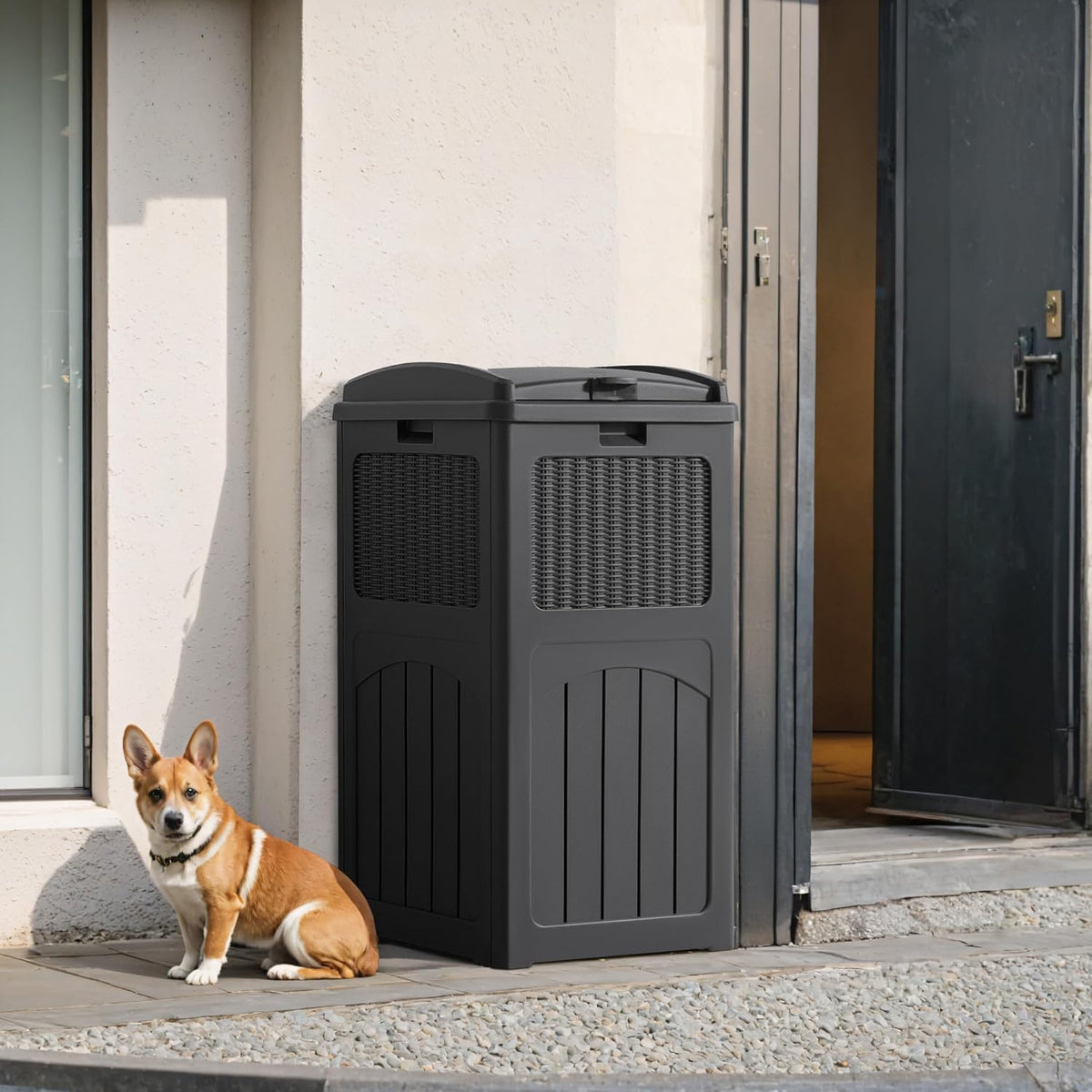 Flamaker 30 Gallon Trash Can, Resin Outdoor Garbage Can with Lid, Waterproof Hideaway Patio Waste