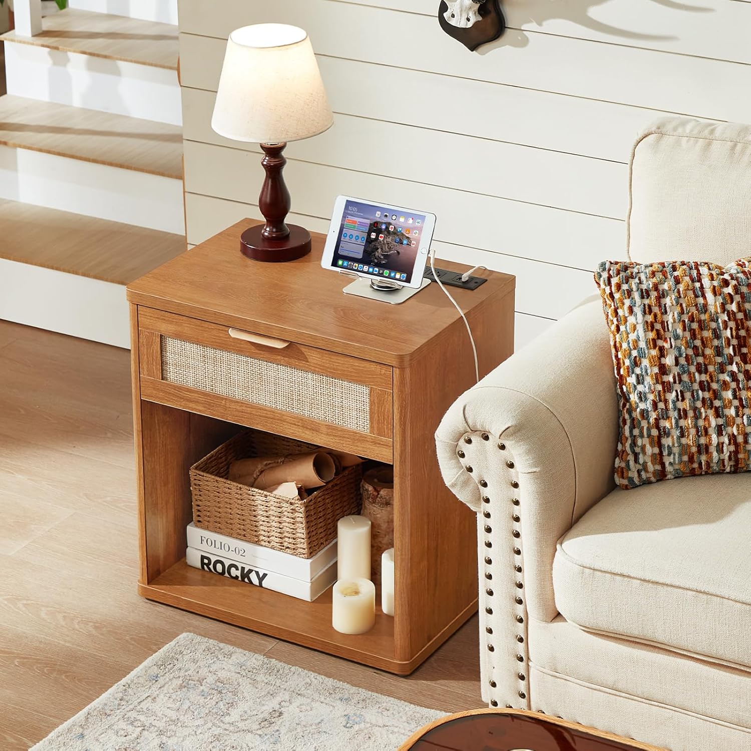 LEYAOYAO Rattan Nightstand with Charging Station, 23" Wide Boho Night Stand with Drawer, Natural