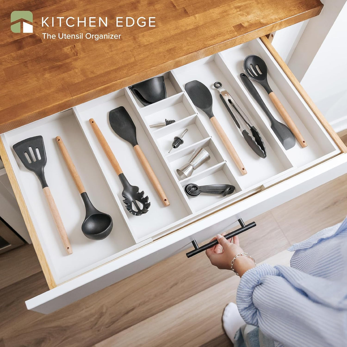 KitchenEdge Adjustable Kitchen Drawer Organizer for Utensils and Junk, Food-Safe Contract Grade