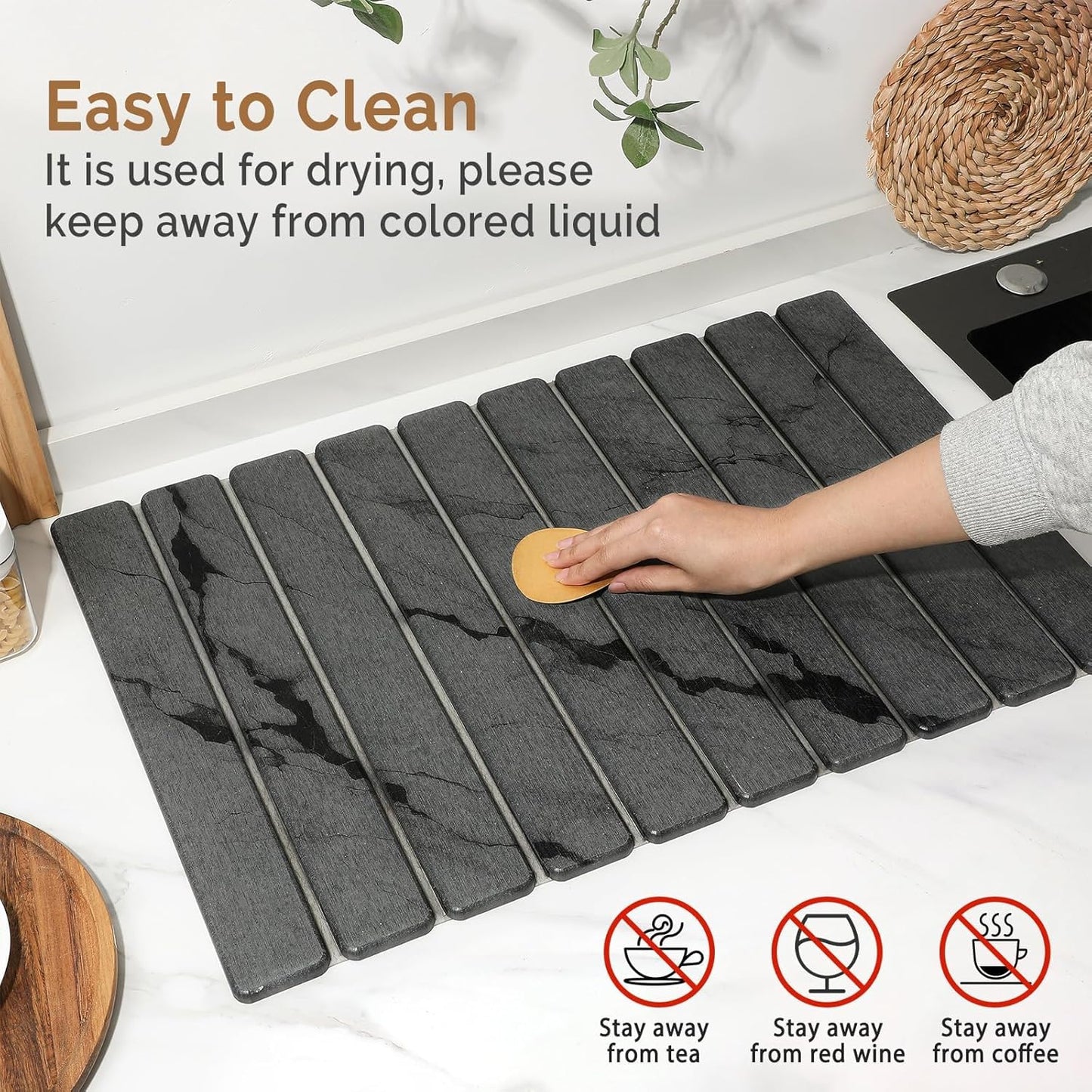 2 PCS Large Stone Dish Drying Mat for Kitchen Counter,Quick Dry Stone Dishes Mats,Marbled Water