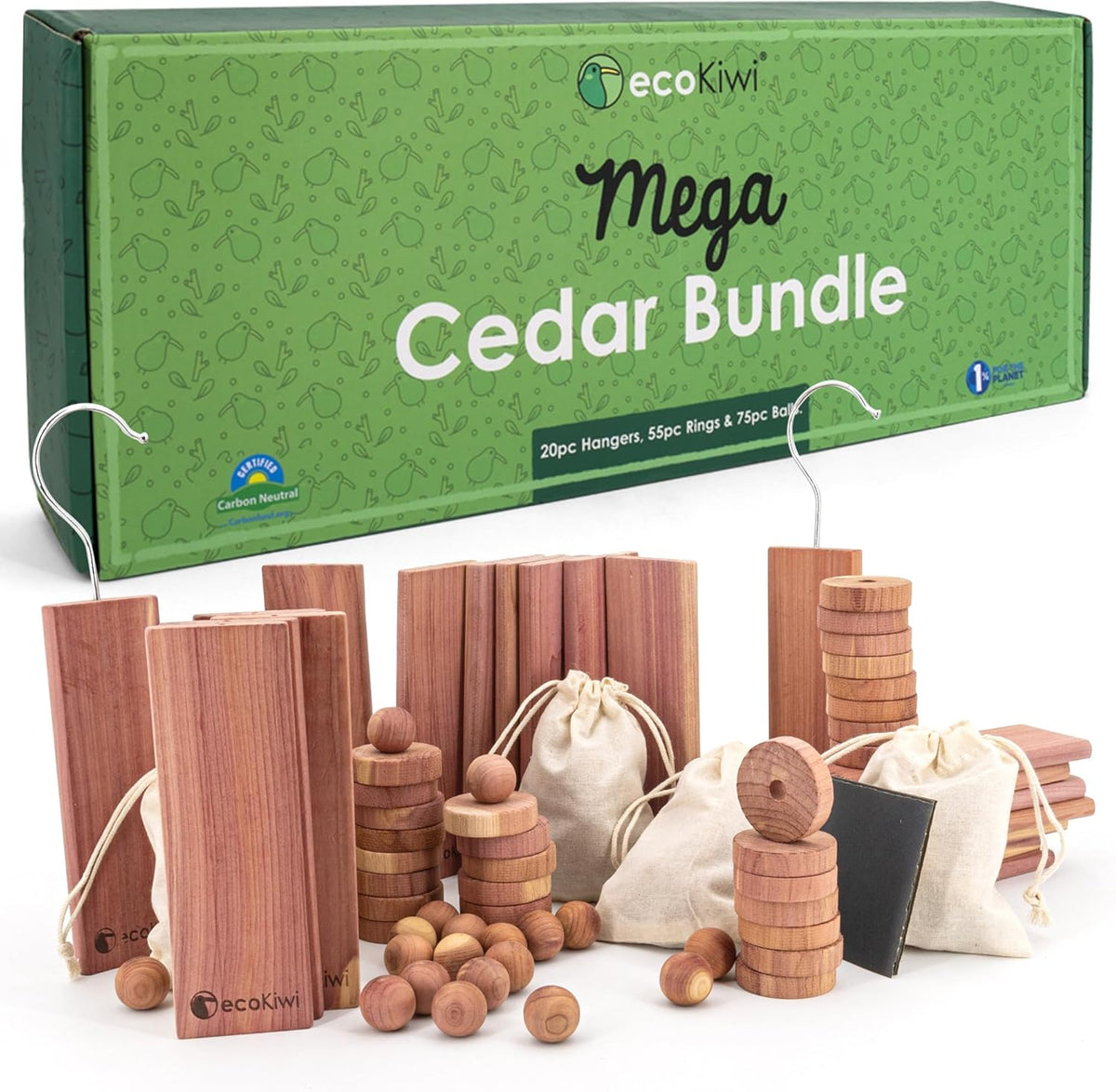 ecoKiwi Cedar Blocks for Clothes Storage Mega Bundle Box - Cedar Hangers x20, Balls x75 & Rings