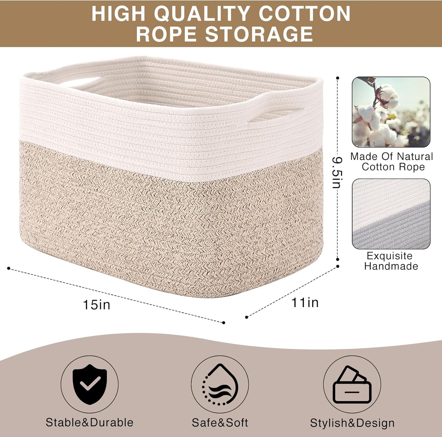 Storage Baskets for Organizing, Woven Cotton Rope Basket for Storage Books, Baby Organizing