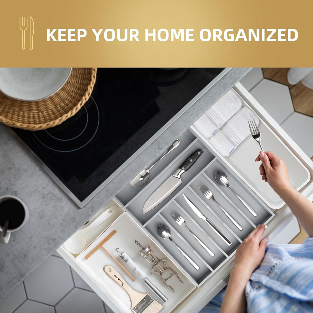 Silverware Organizer 13 Inch Gray Bamboo Kitchen Drawer Organizer 7 Slots Utensil Organizer