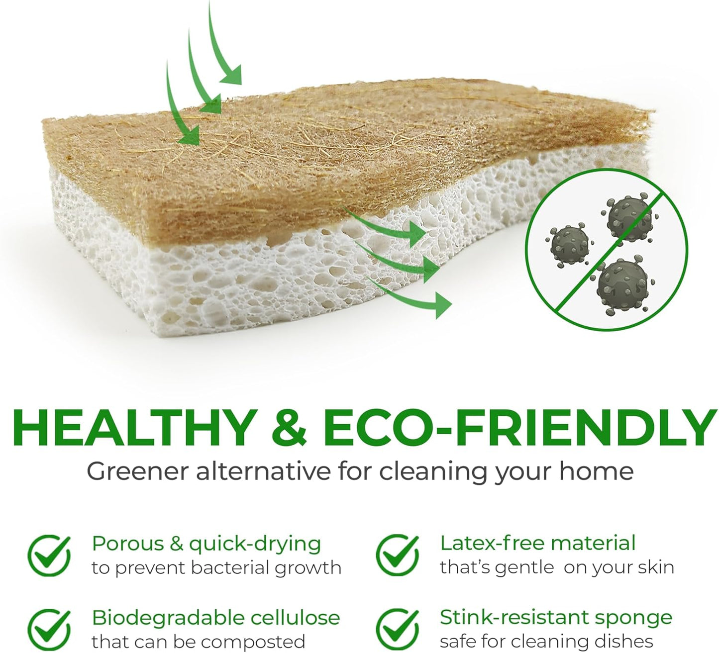 Biodegradable Natural Kitchen Sponge - Compostable Cellulose and Coconut Walnut Scrubber Sponge (12