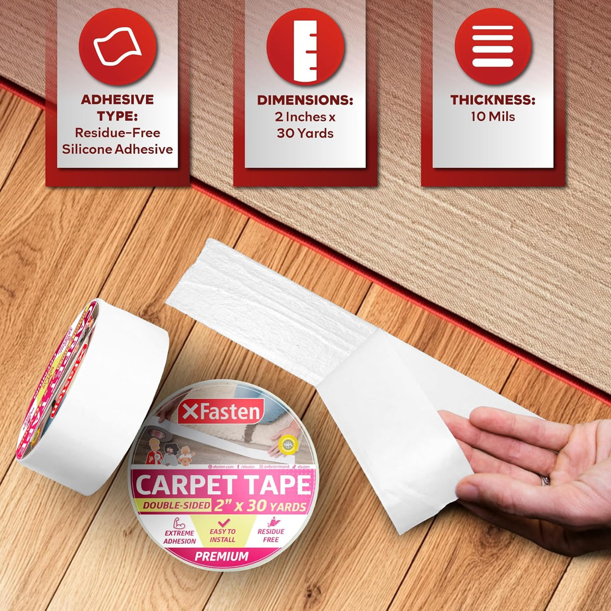 XFasten Double Sided Carpet Tape for Area Rugs, 2 Inch x 30 Yards – Heavy Duty Anti Slip Rug Grip