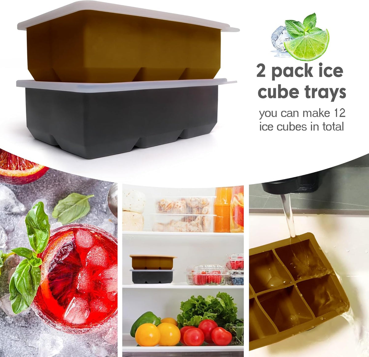 Silicone Ice Cube Trays with Lids,Large Square Ice Cube Molds for Freezer, Whiskey, Cocktail