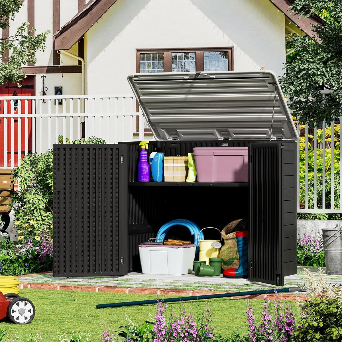 ZZM Large Outdoor Storage Shed, 48 Cu Ft Resin Versatile Storage Cabinet for Patio Accessories