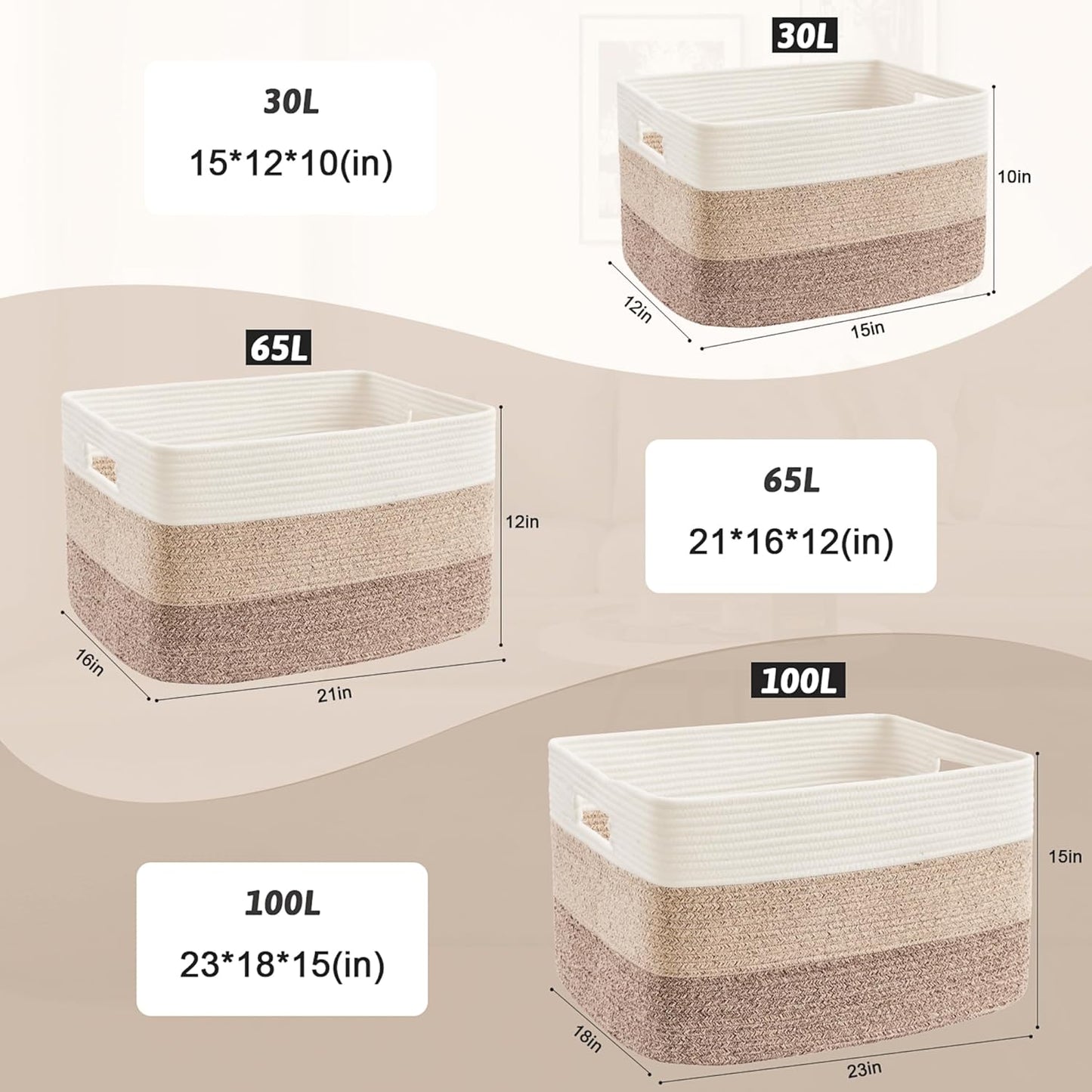 Blanket Basket,Rectangle Woven Baskets for Storage,65L Laundry Basket for Decorative Nursery