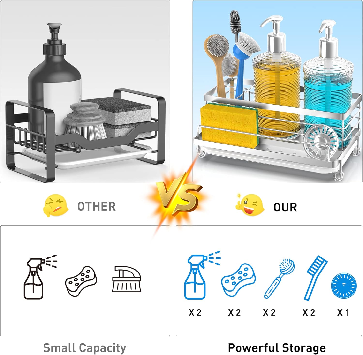 Cisily Stainless Steel Sponge Holder for Kitchen, Sink Caddy Sink Organizer Rack for Kitchen