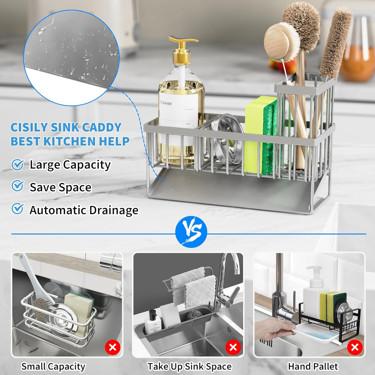 Cisily Sink Caddy Organzier with High Brush Holder, Sponge Holder for Sink, 304 Rustproof