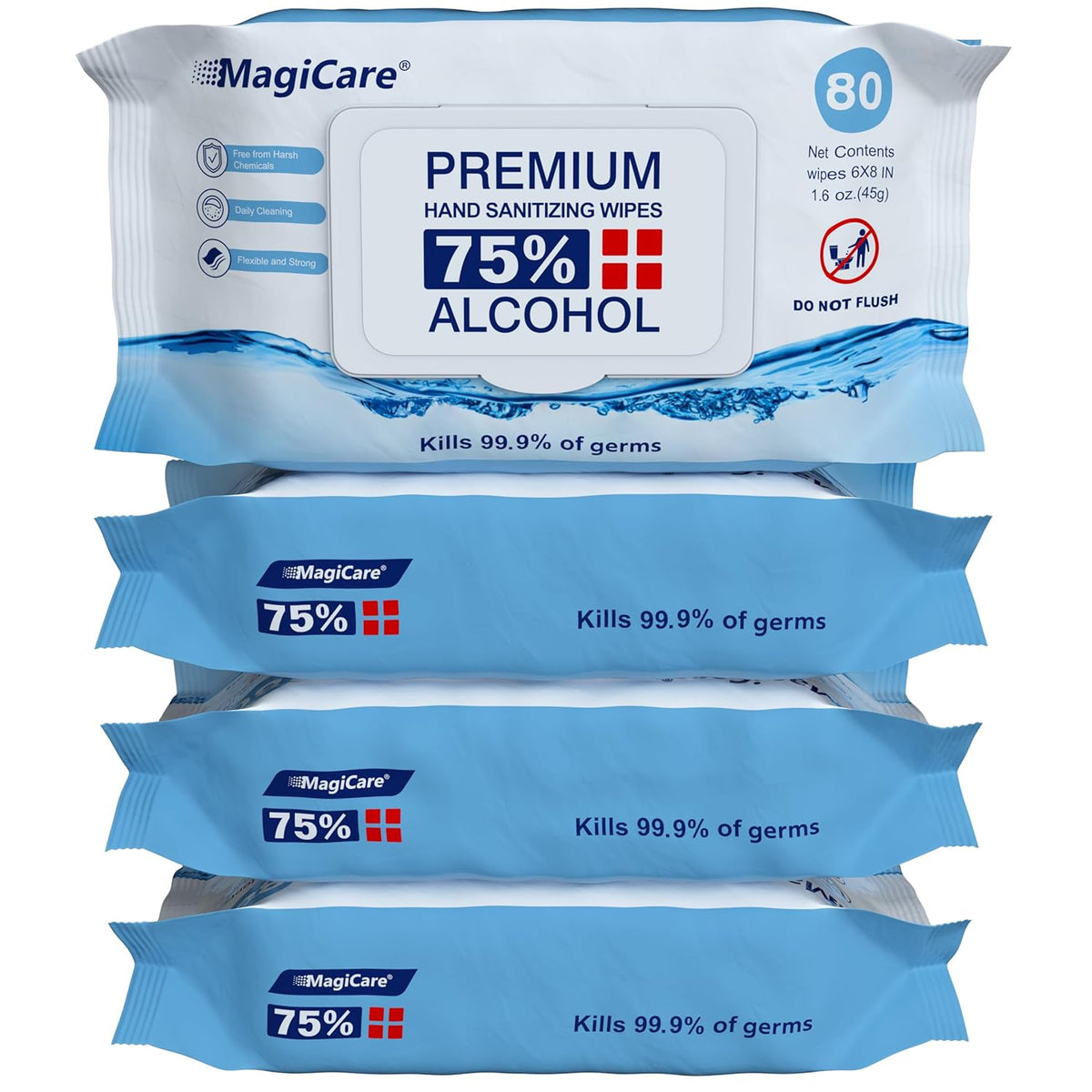 MagiCare 75% Large Alcohol Wipes (4-80ct Packs) - Alcohol Hand Sanitizing Wipes, Premium