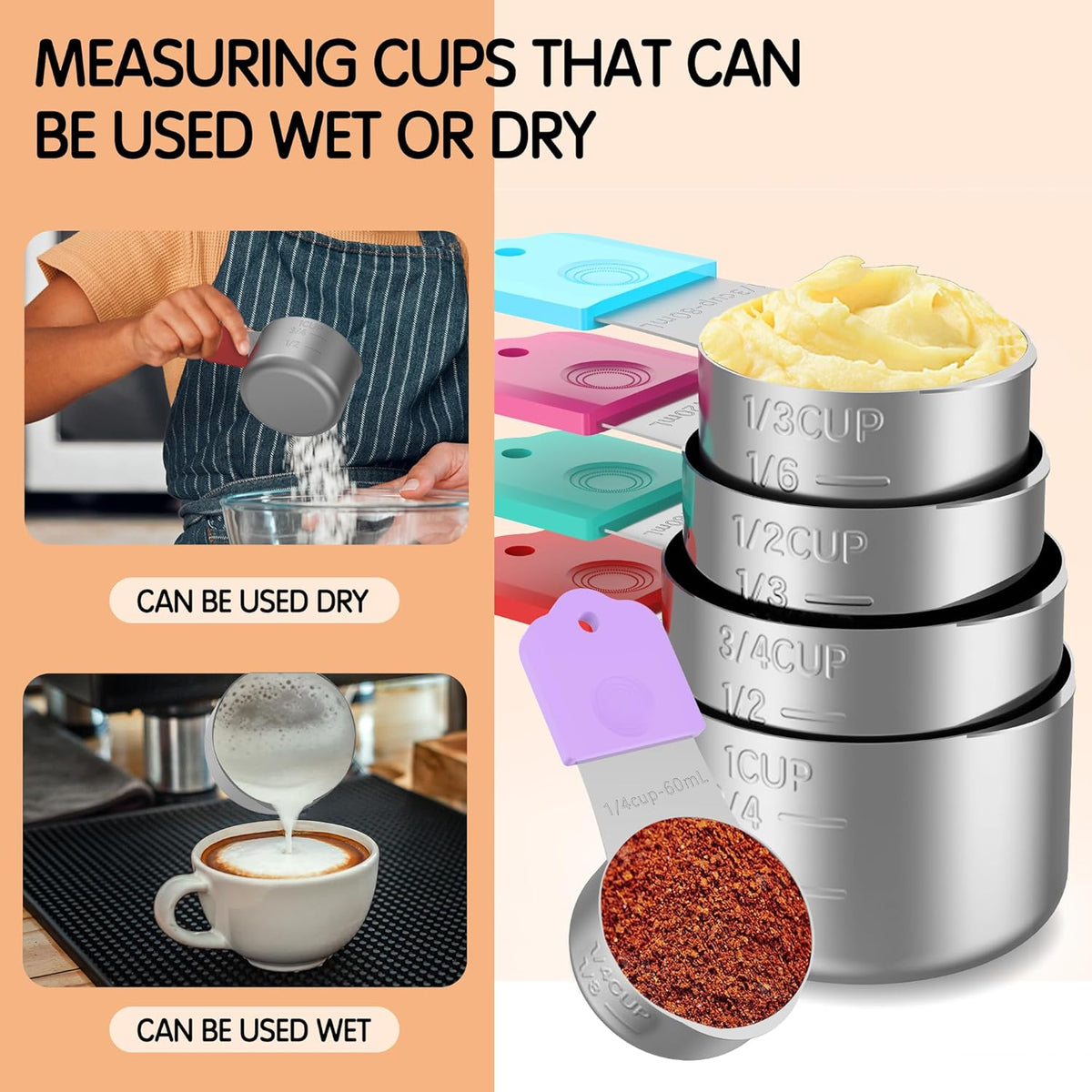 Magnetic Measuring Cups, 5 Stainless Steel Nesting Measuring Cup Set for Measuring Dry or Liquid