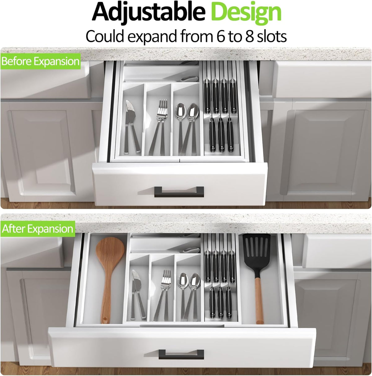 Bamboo Kitchen Drawer Organizer, Expandable Utensil Organizer with Removable Knife Block, Cutlery