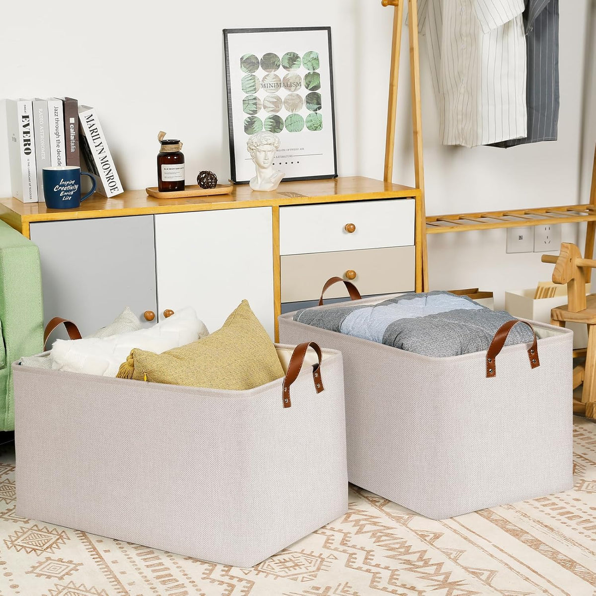 DULLEMELO Beige Storage Baskets for Organizing, Set of 2 Extra Large Canvas Fabric Storage Baskets