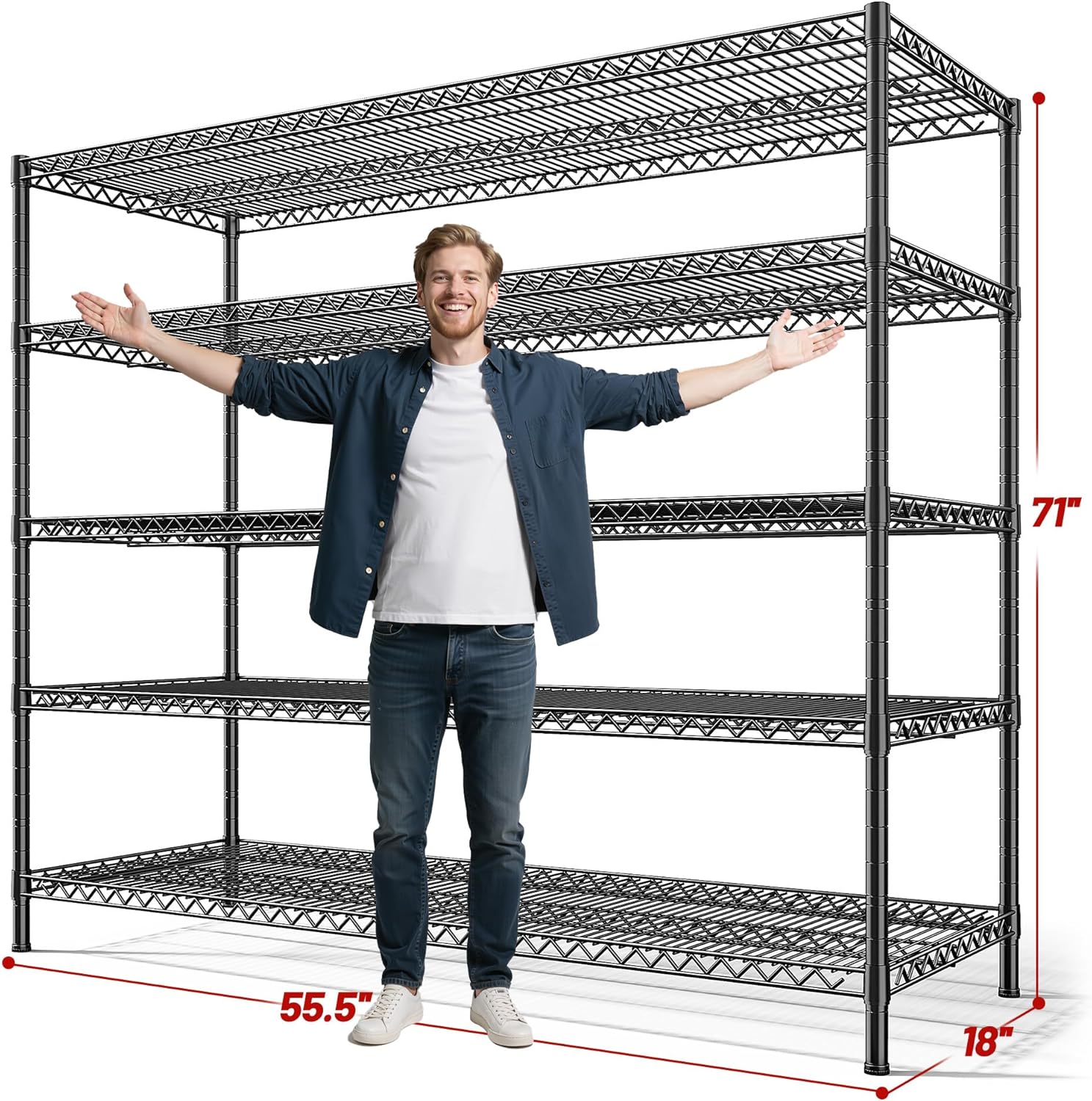 REIBII 55.5" W Storage Shelves 3200LBS Metal Shelving 5 Tier Wire Shelving Unit Garage Shelving