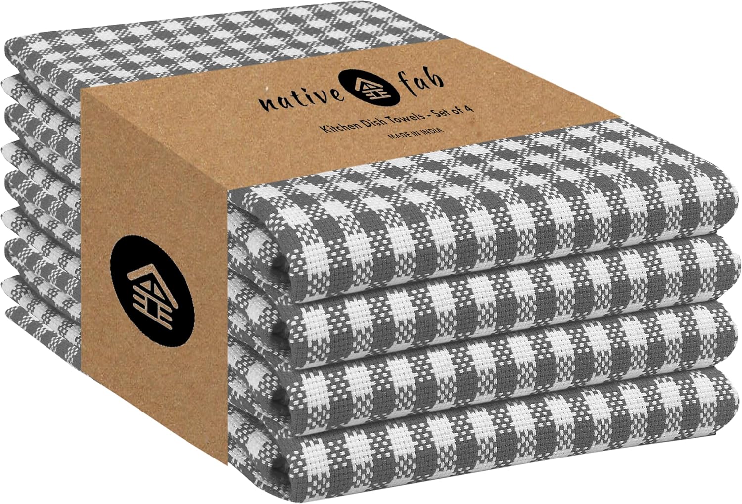 Native Fab 4 Pack Gingham Plaid Kitchen Towels 16"x26" - 100% Cotton Absorbent Washable Tea Towels