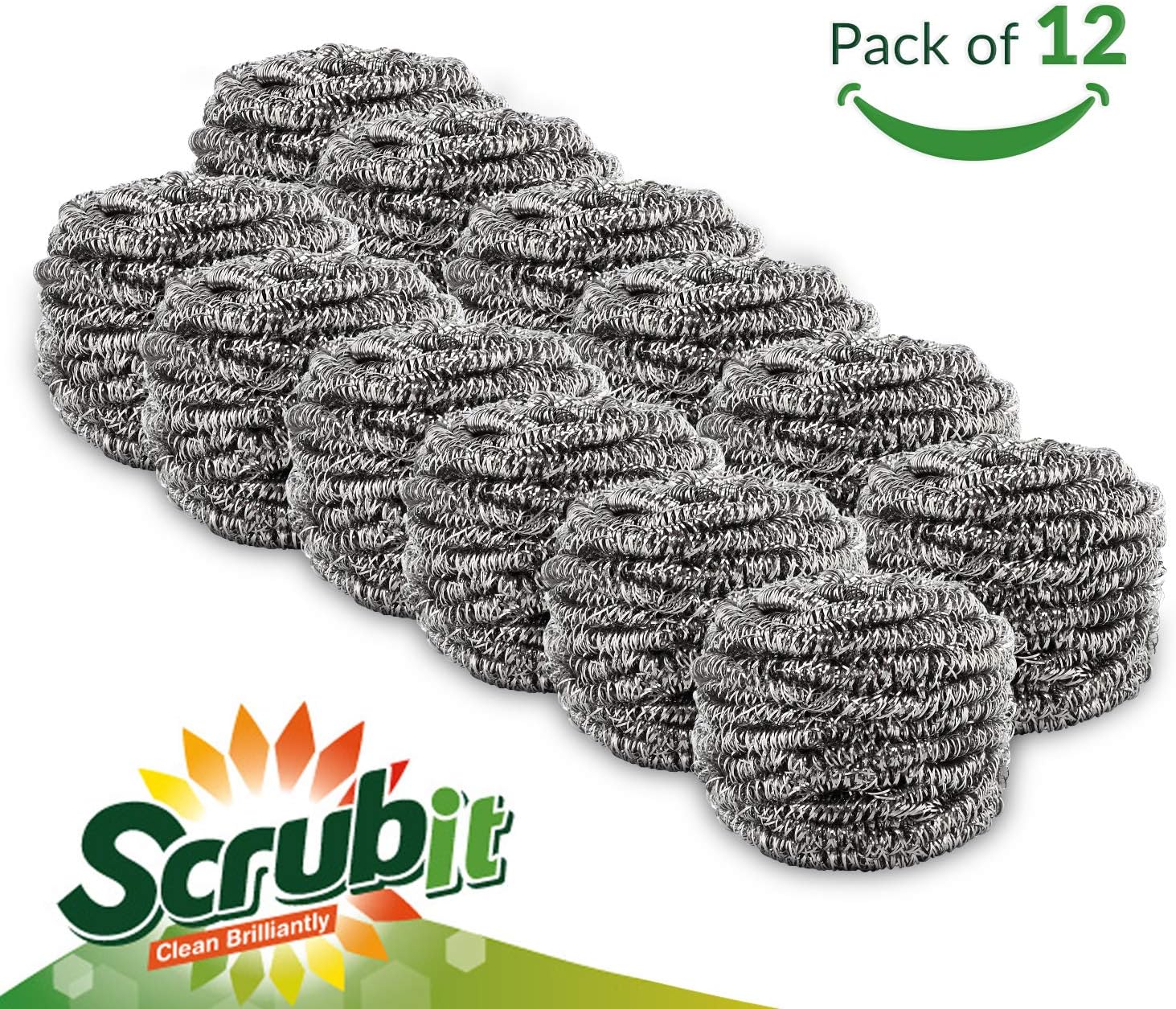 12 Pack Stainless Steel Scourers by Scrub It – Steel Wool Scrubber Pad Used for Dishes, Pots, Pans