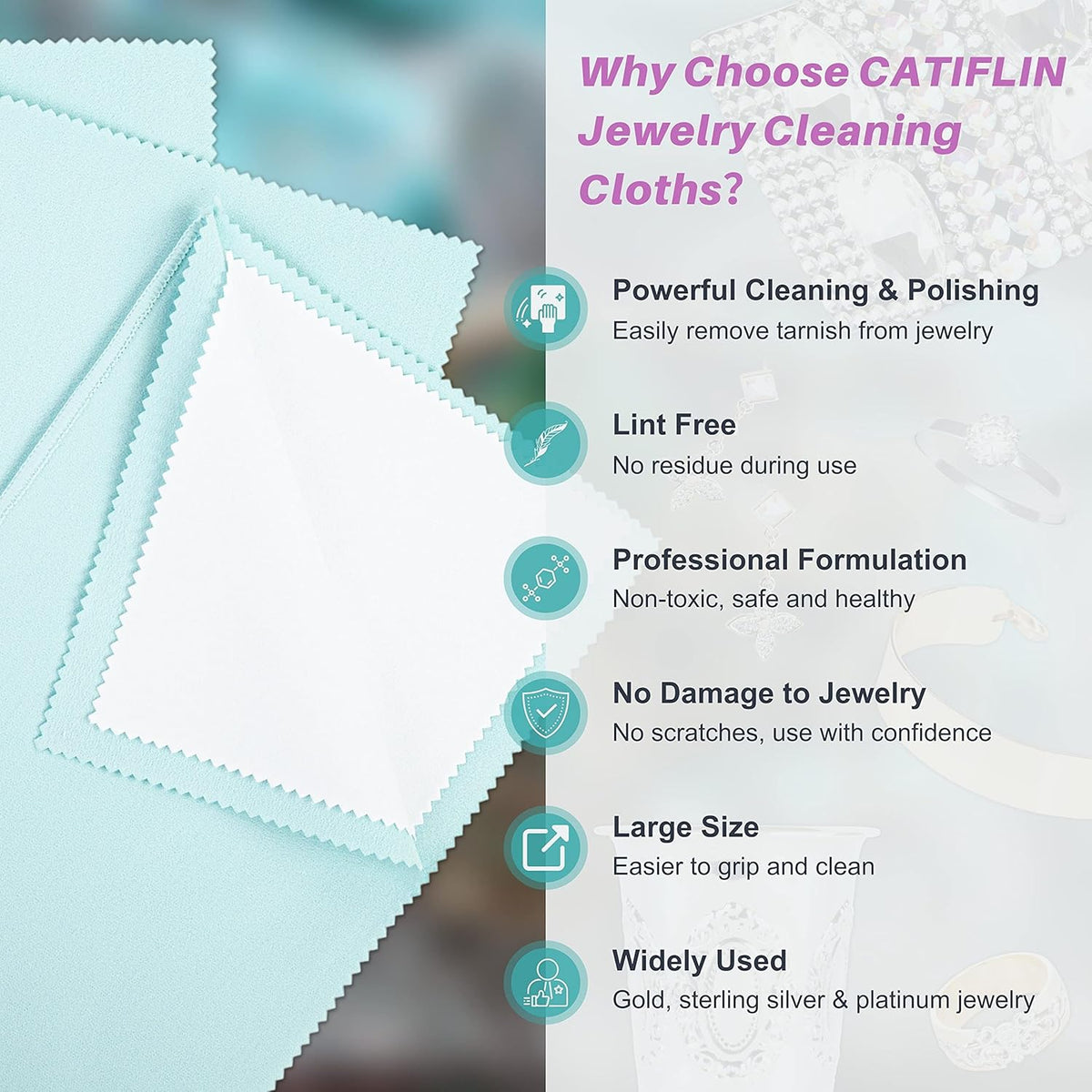 CATIFLIN 3PCS Sea Blue Silver Polishing Cloths, 10"x12" Jewelry Cleaning Cloths for Gold, Silver