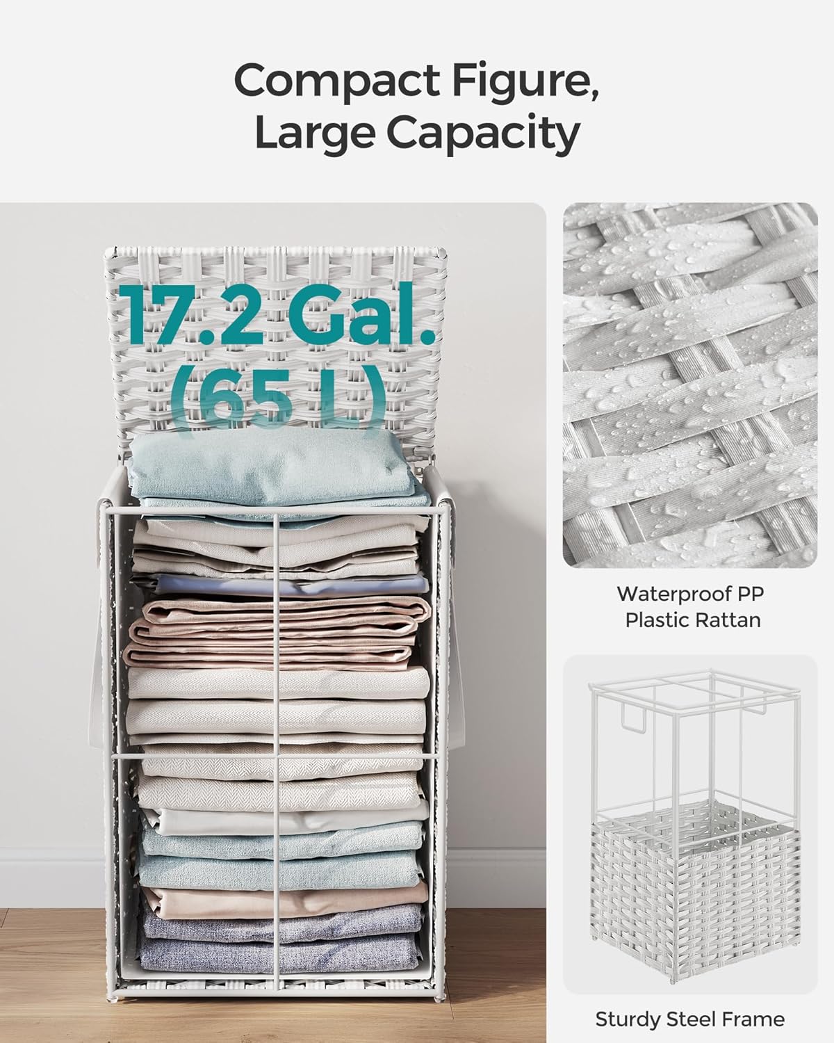 SONGMICS Laundry Hamper with Lid, 17.2 Gallon (65 L) Synthetic Rattan Clothes Laundry Basket with