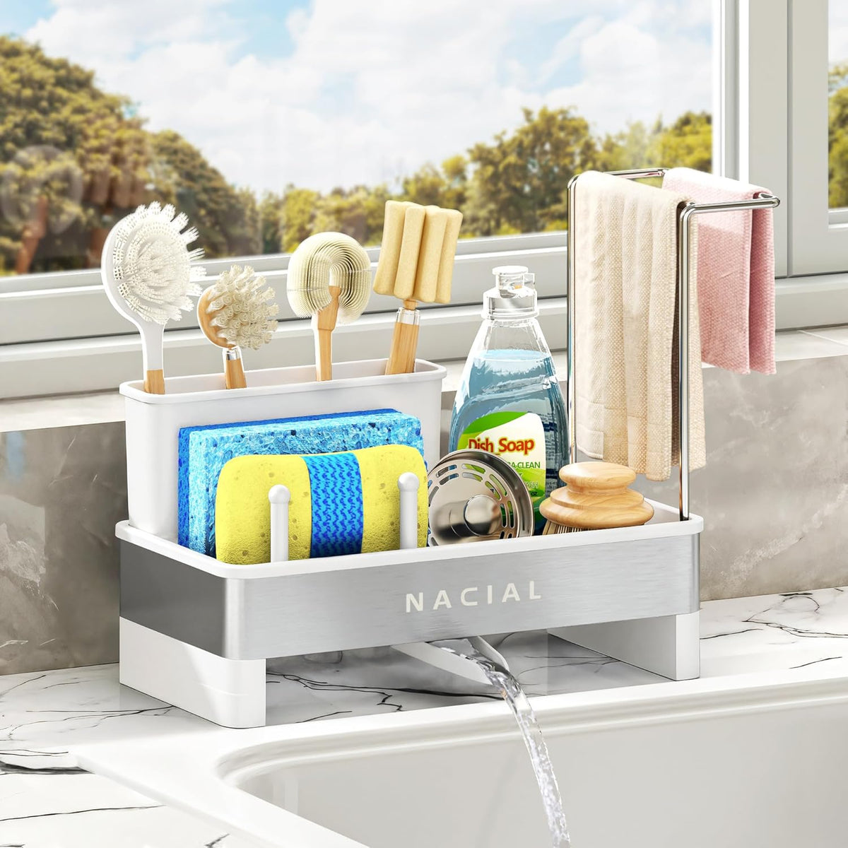 Nacial Sponge Holder for Kitchen Sink, Sink Caddy Organizer with High Brush Holder, Two Towel Racks