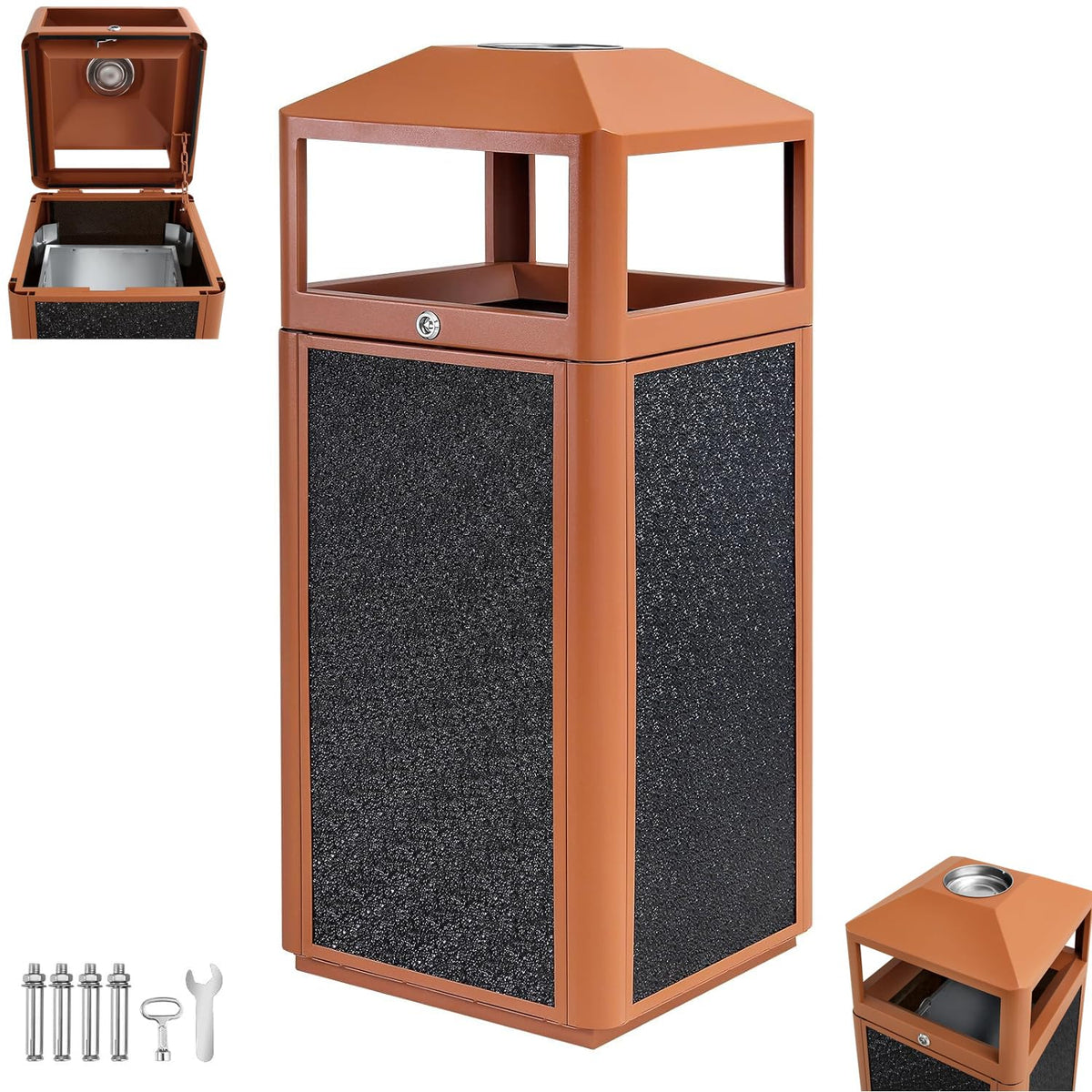 Square Waste Container with Dome Lid | Commercial Outdoor Garbage and Trash Container, Brown 15