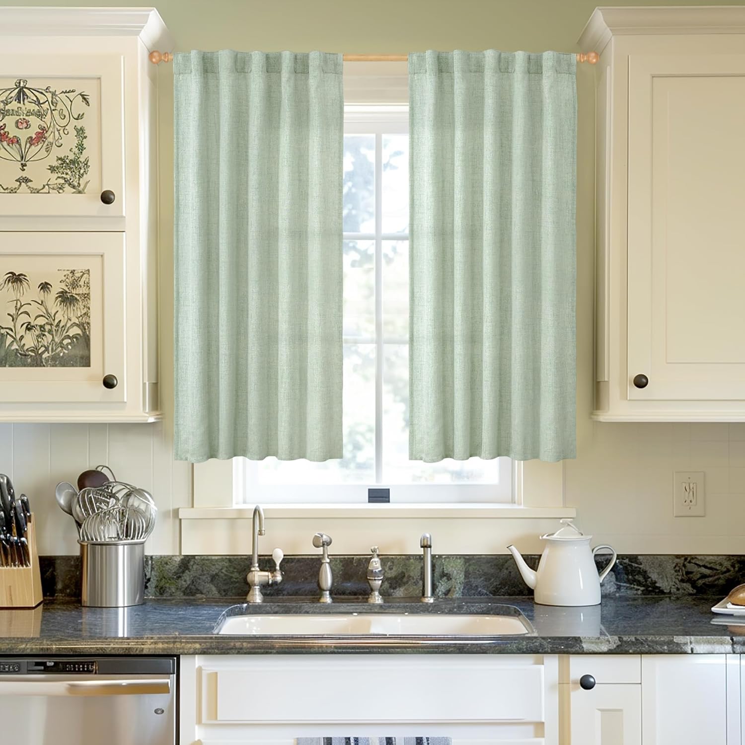 YoungsTex Sage Green Short Linen Curtains 48 Inch Length for Kitchen, Semi Sheer Small Window