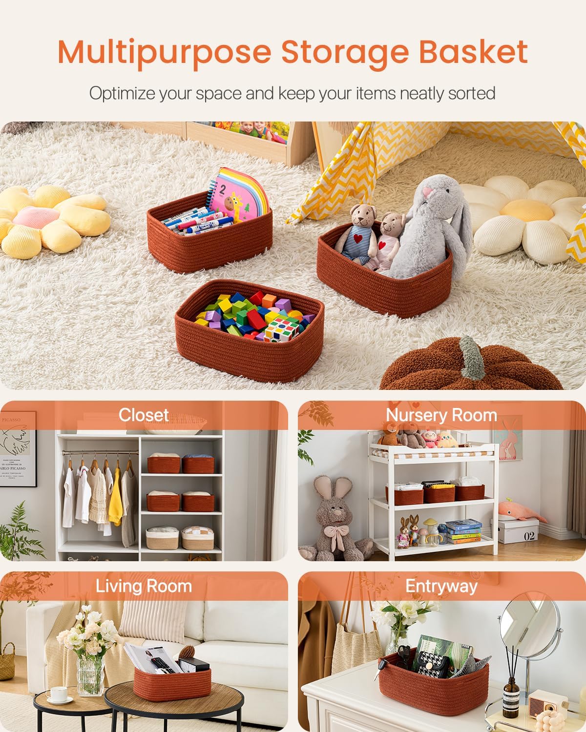 Small Woven Basket, 12 x 8 x 4.5 Inches, Storage Basket for Organizing, Cute Small Rope Shelf