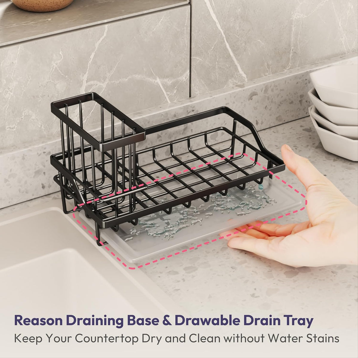 SWTYMIKI Large Sink Caddy Kitchen Sink Organizer with Detachable Brush Holder, Stainless Steel