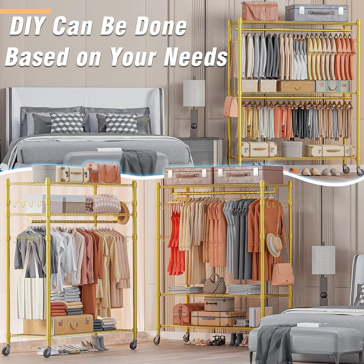Homdox Gold Heavy Duty Clothes Rack with Wheels, 3-Tier Rolling Metal Garment Organizer with Double