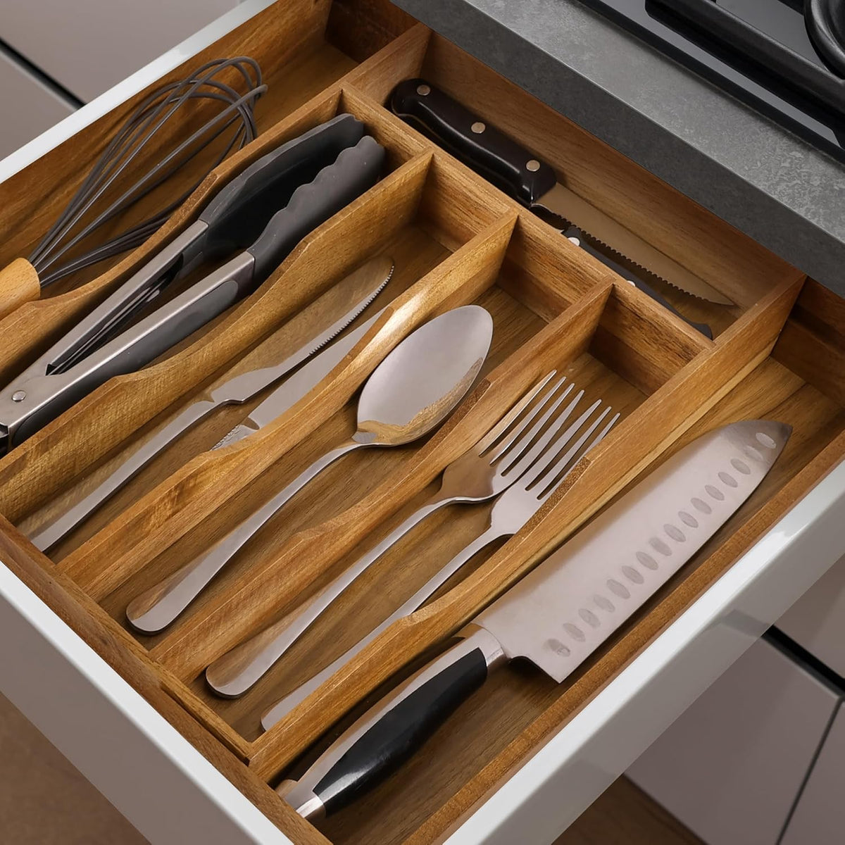 Expandable Acacia Kitchen Drawer Organizer for Cutlery and Utensils, Adjustable Acacia Wood Cutlery
