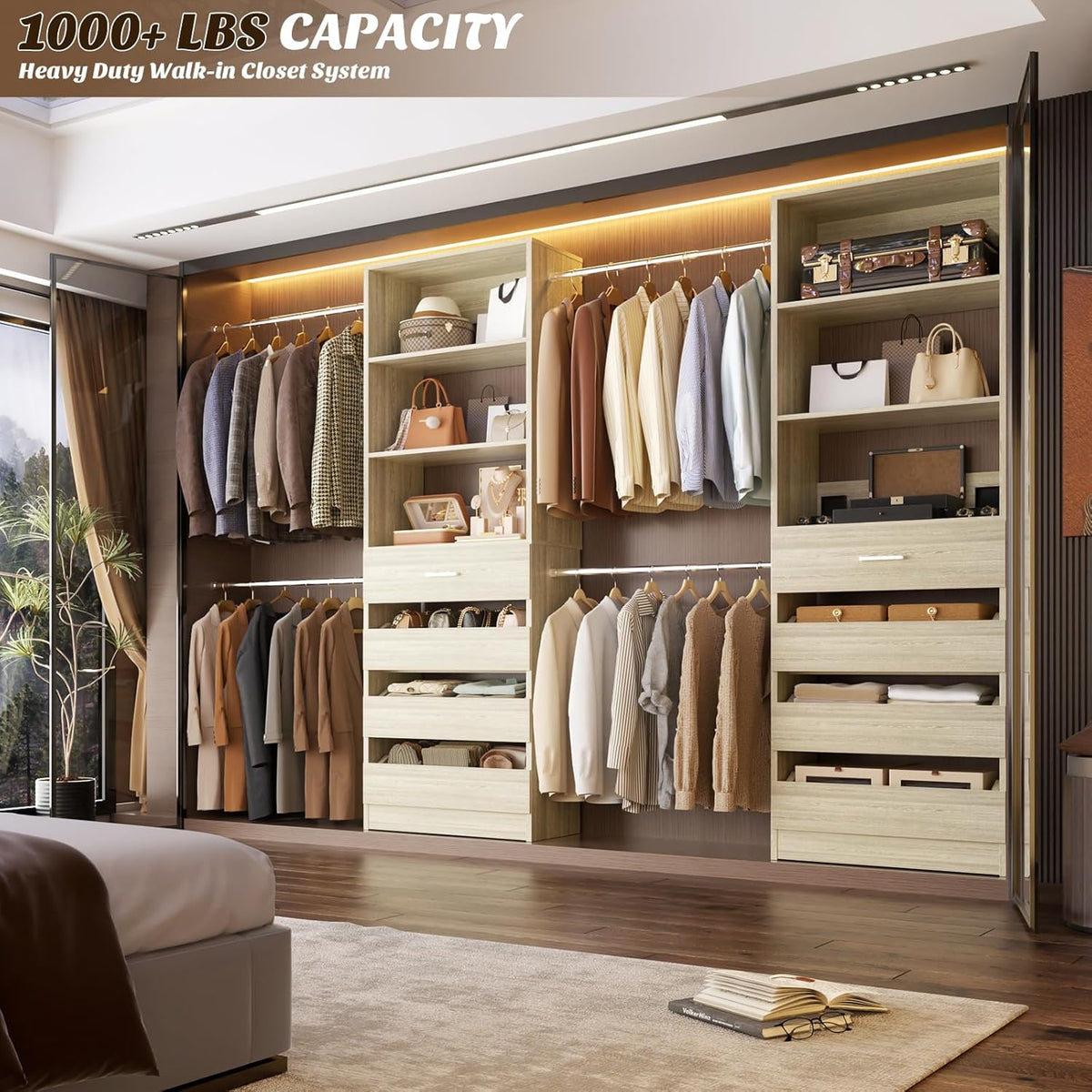 Aheaplus Closet System, 4-9Ft Closet Organizer with 4 Wooden Drawers, Wood Closet Organizer System