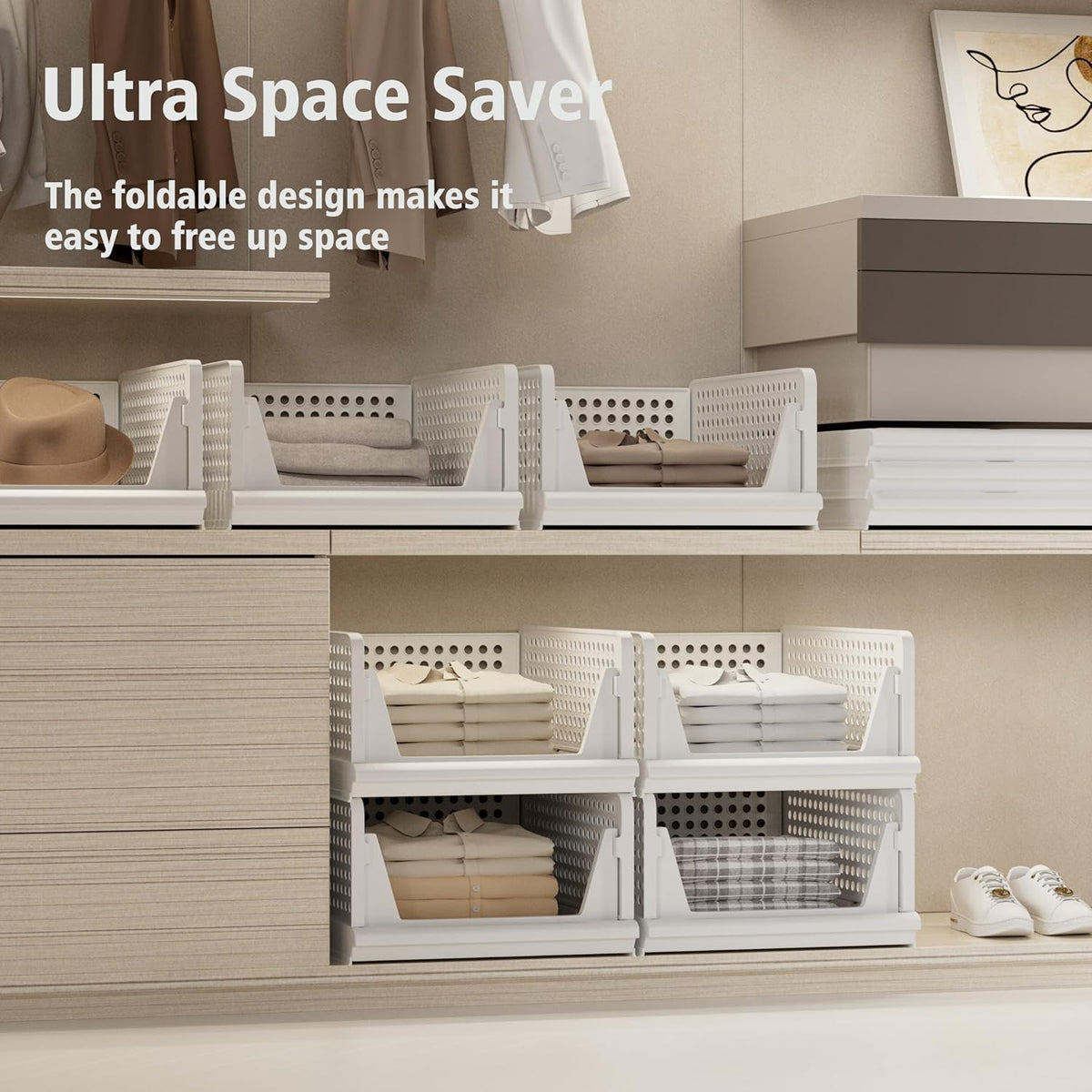 Proarea Stackable Plastic Storage Basket Closet Organizer Bin Foldable Clothes Organizer Storage