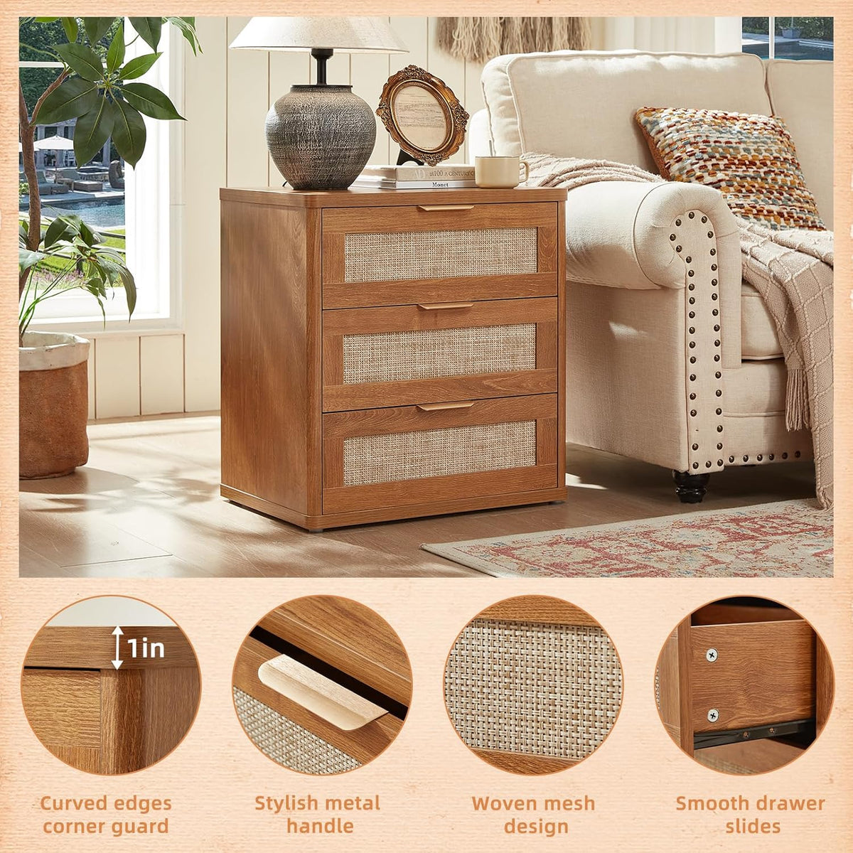 LEYAOYAO Rattan Night Stand with Drawers, 23" Large 3 Drawer Boho Nightstand, Natural Wood Bedside