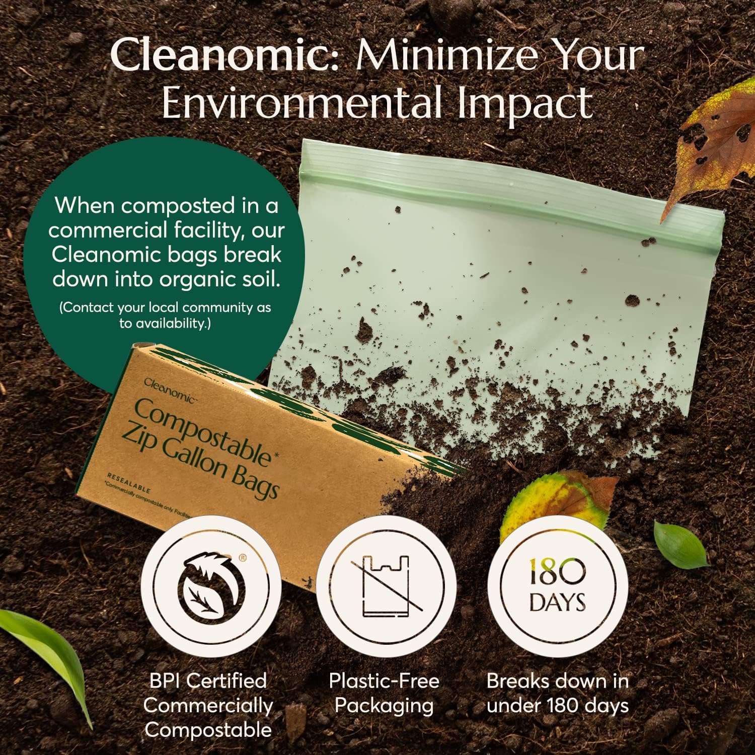 Cleanomic Compostable* Gallon Size Food Storage Bags (25 Eco Zip) Freezer and Leak Proof, Also