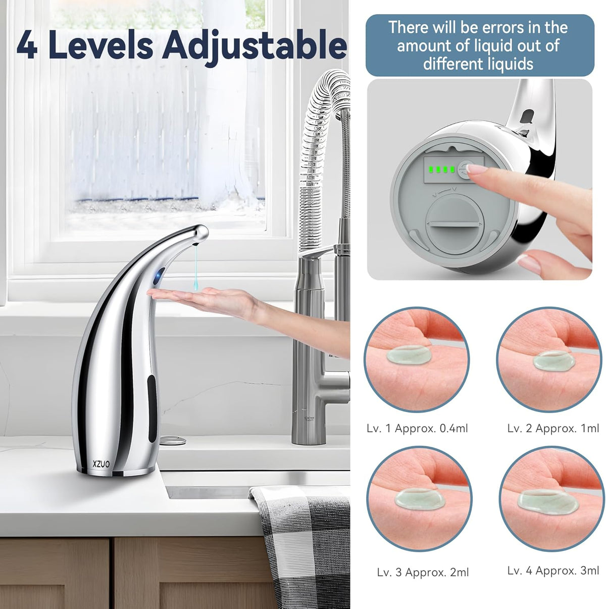 Automatic Soap Dispenser with Infrared Sensor - Adjustable 4-Level Touchless Hand Soap for Kitchen