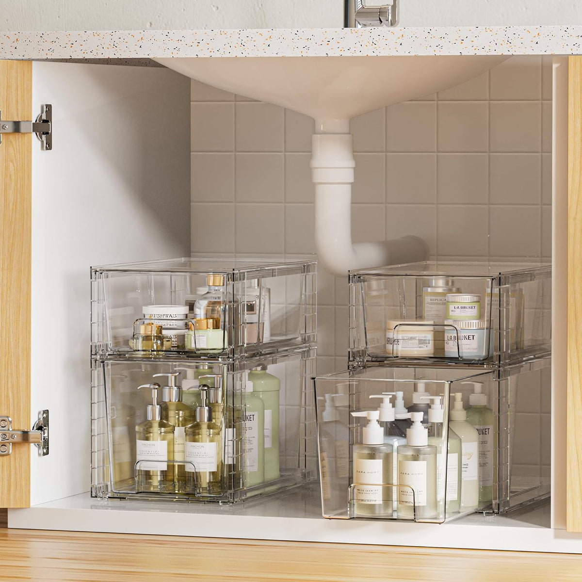 Vtopmart 6 Pack Clear Stackable Storage Drawers,Easy to Assemble Bathroom Organizers and Storage