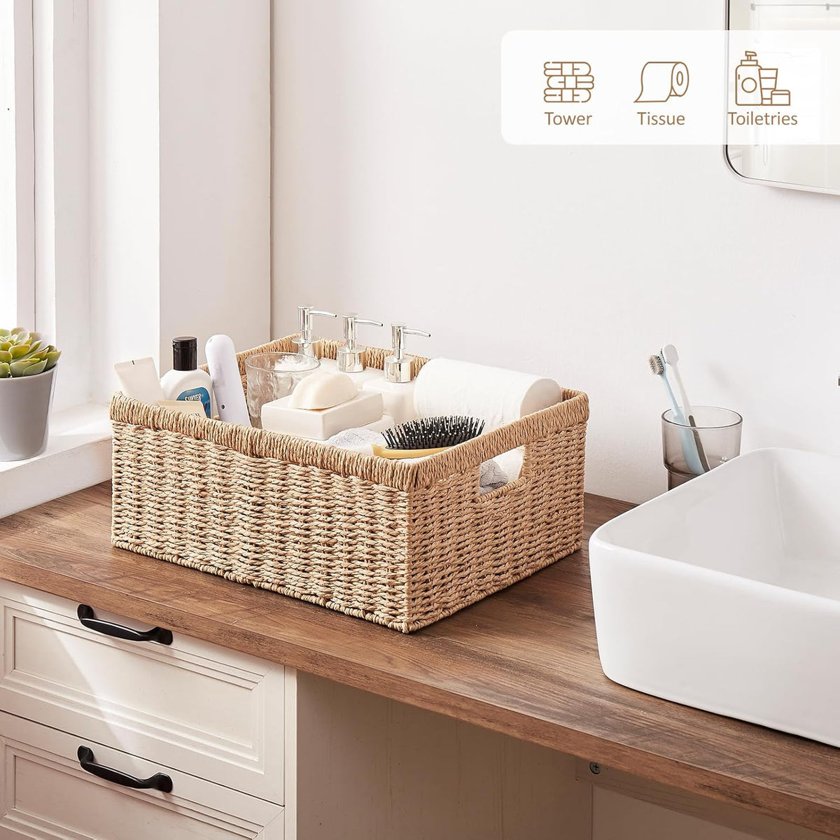 OIAHOMY Wicker Basket, Paper Shelf Basket with Built-in Handles, Rectangular Wicker Storage Bin for