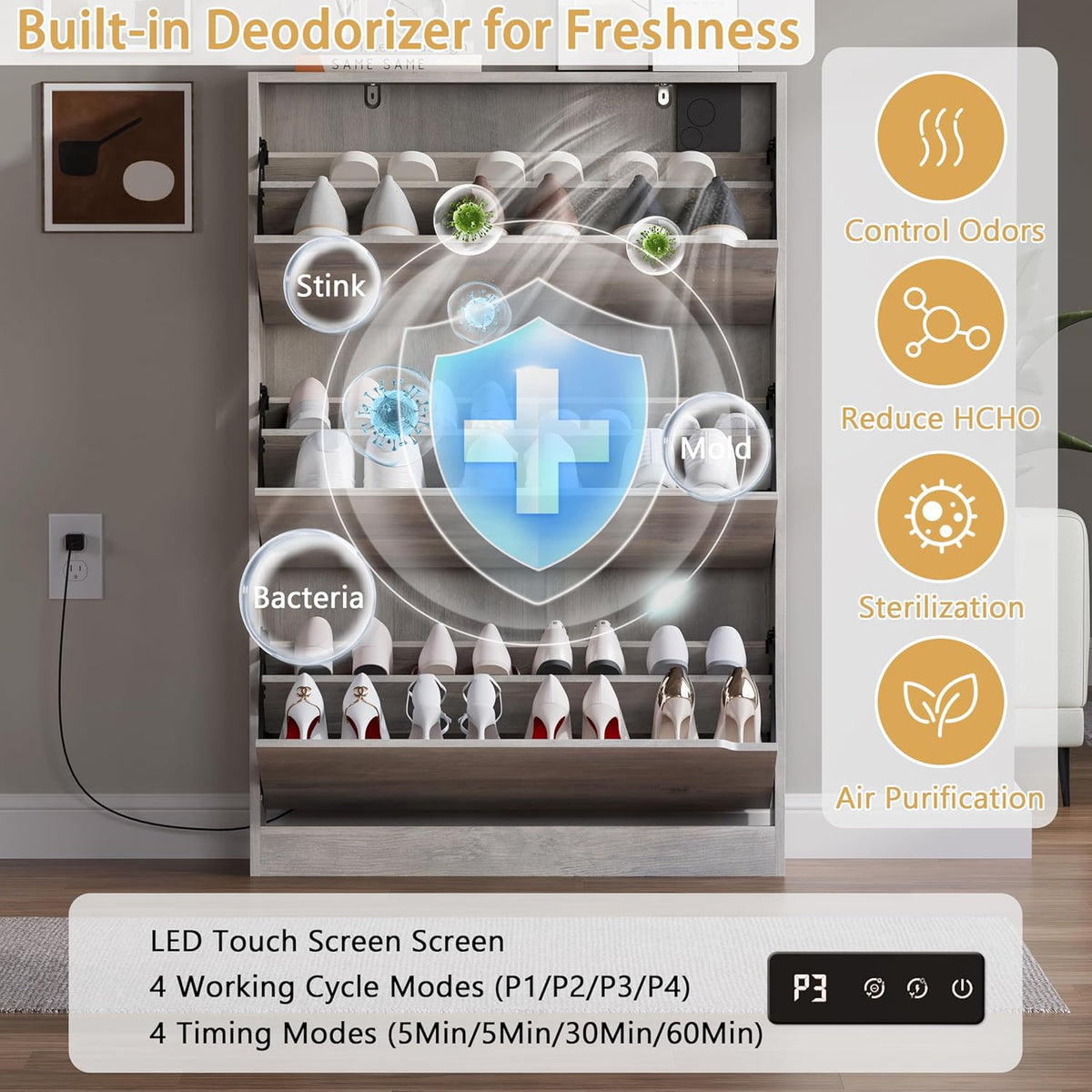 Shoe Cabinet with Odor Control and Back Panels, Deodorizing Slim 3-Flip Shoe Storage Cabinet for