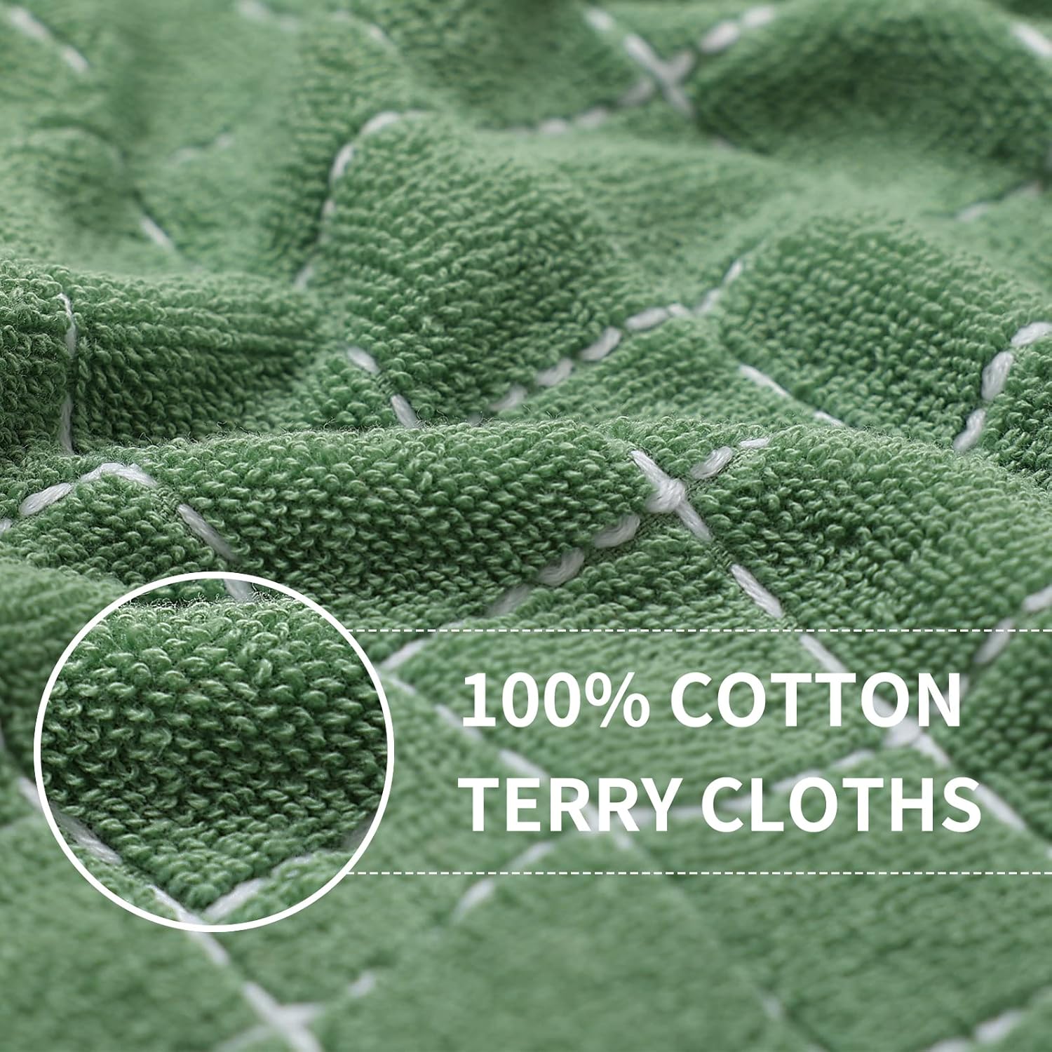 Homaxy 100% Cotton Terry Kitchen Towels(Grass Green, 13 x 28 inches), Checkered Designed, Soft and