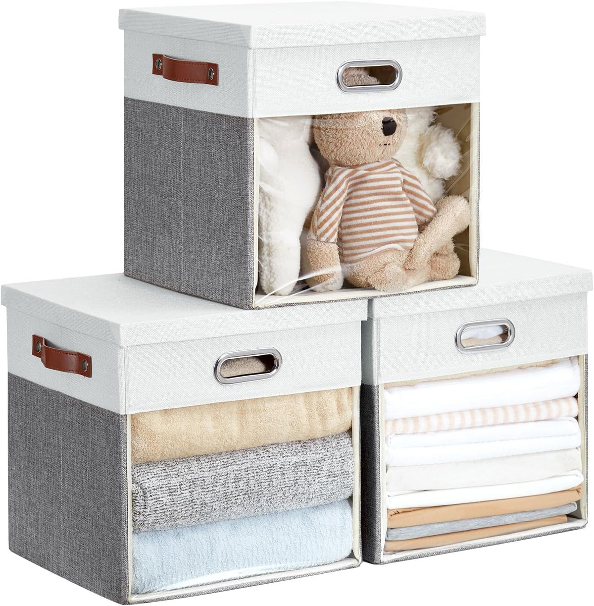 Fabric Storage Cubes with Clear Windows and Lids, 13'' Foldable Storage Bins with 3 Handles