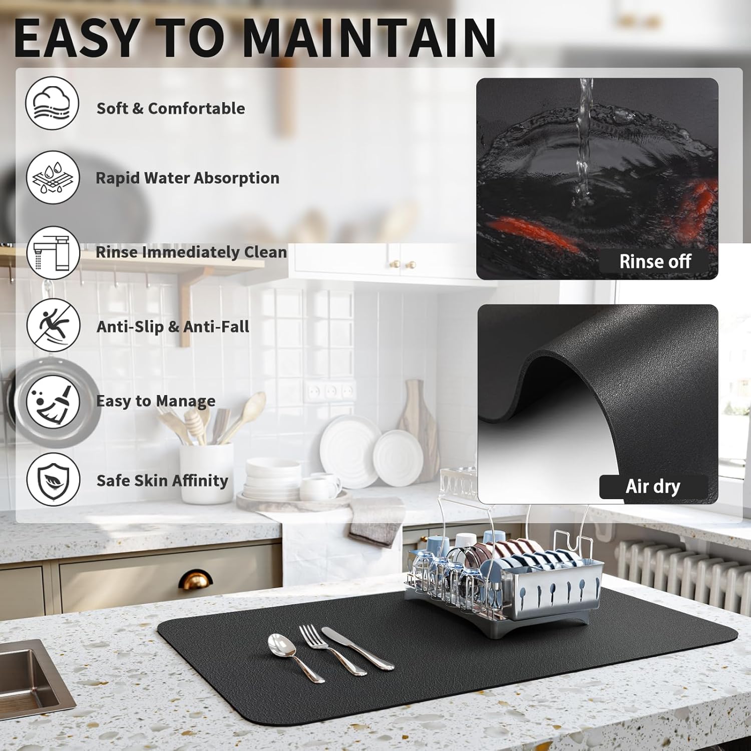 Dish Drying Mat for Kitchen Counter, Heat Resistant Drainer Mats with Non-slip Rubber Backed, Hide