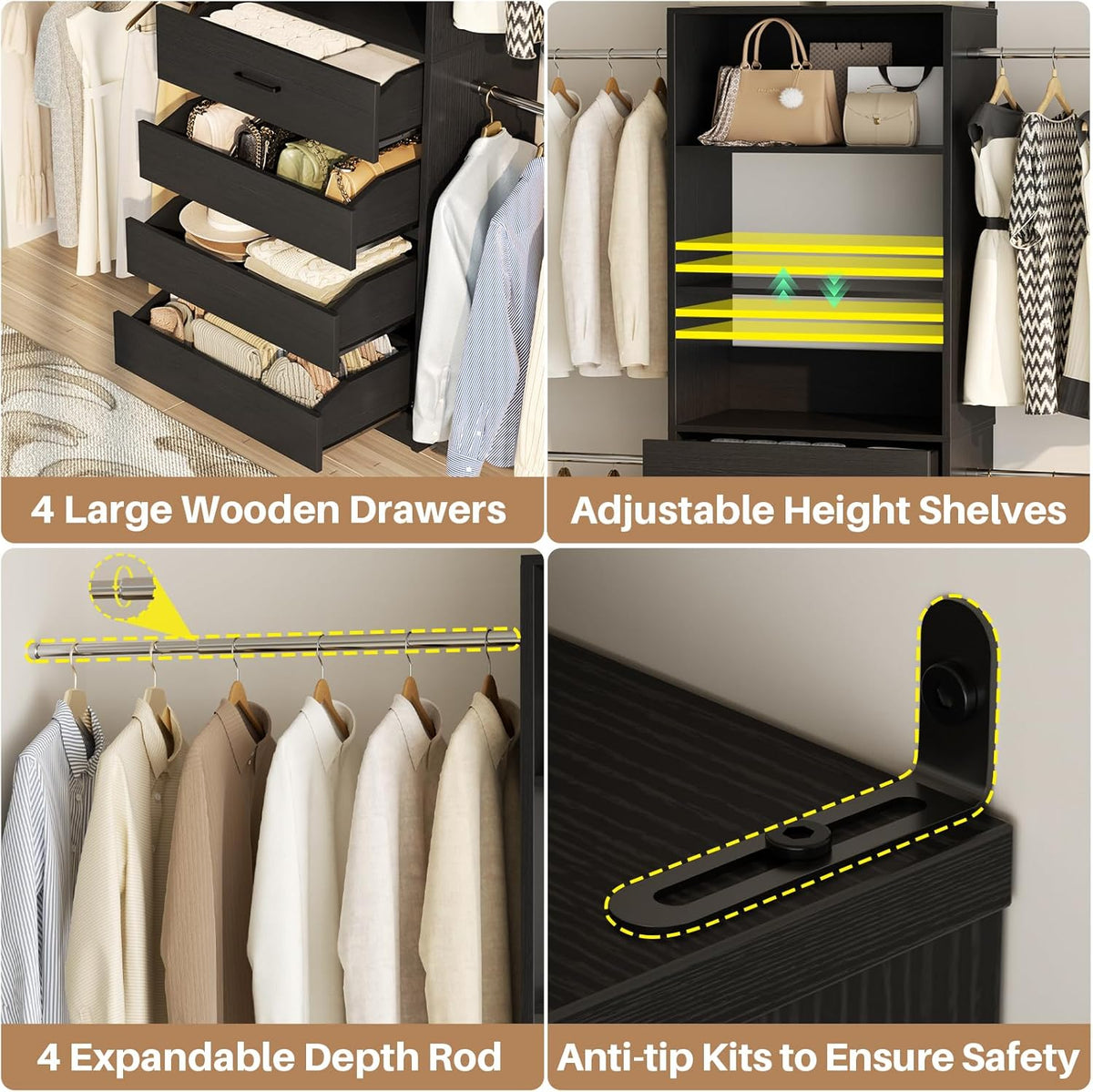 Aheaplus Closet System, 4-9Ft Closet Organizer with 4 Wooden Drawers, Wood Closet Organizer System