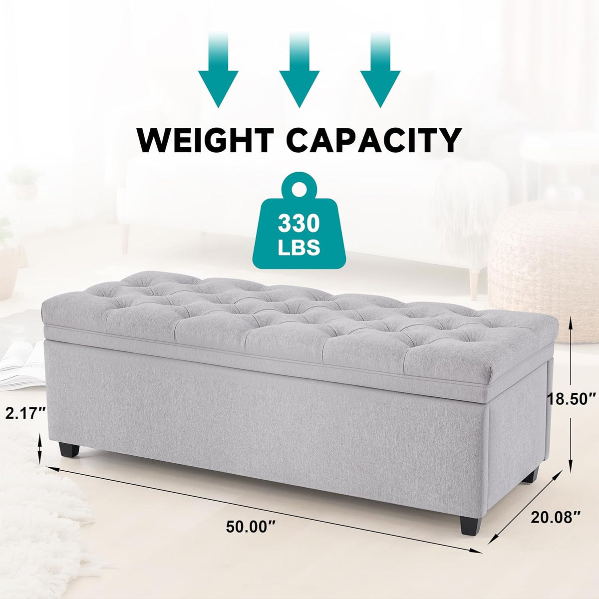 50" Storage Ottoman Bench, Tufted Ottoman with Storage for Living Room, Large End of Bed Ottomans