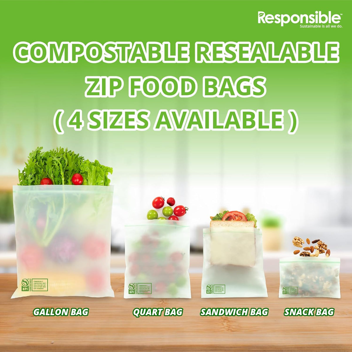 Responsible Products Certified Compostable SANDWICH Resealable Zip Bag, Extra Strength Food Bags