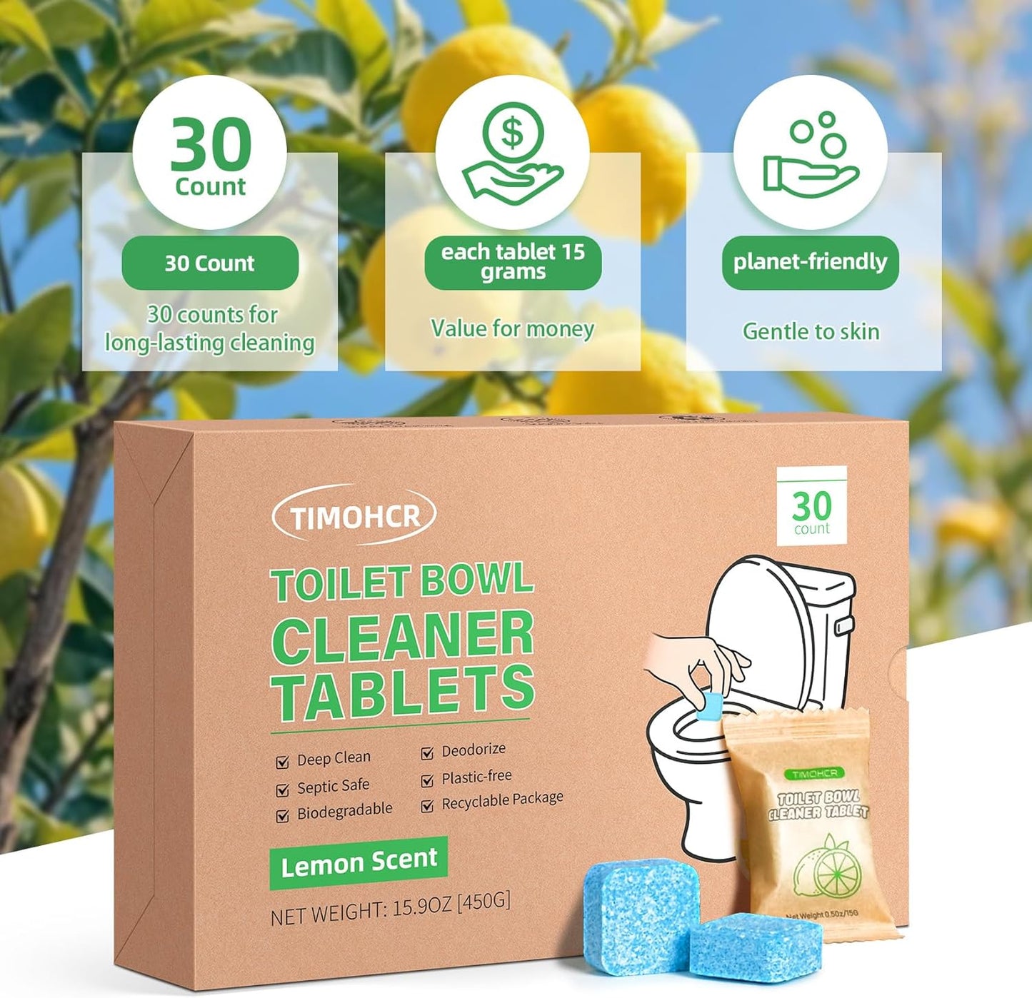 Toilet Bowl Cleaner Tablets 30 Big Pack Fast Dissolve Plastic-free Septic Safe Deodorize Remove