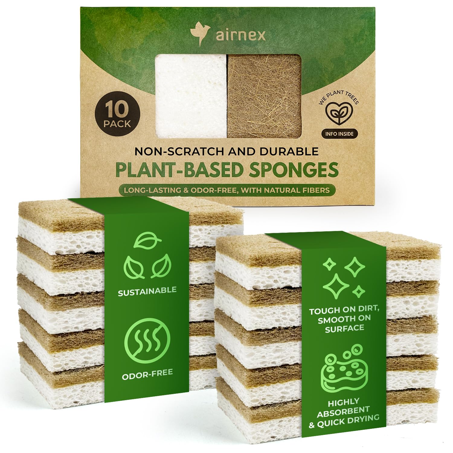 10 Pack Biodegradable Natural Kitchen Sponge - Compostable Cellulose and Coconut Walnut Scrubber