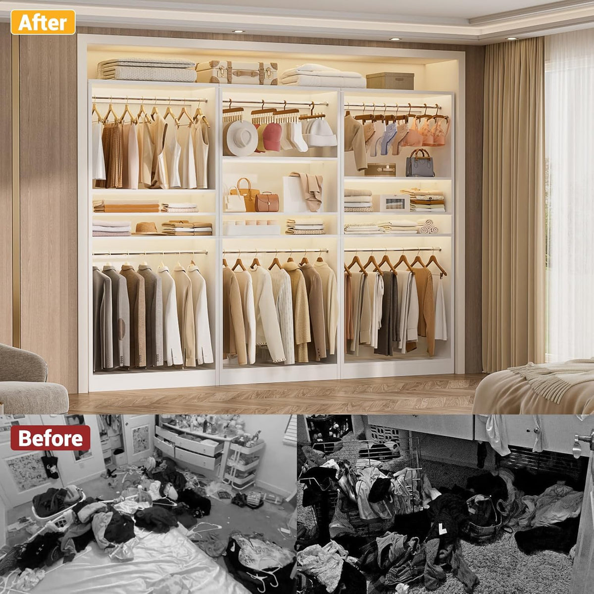 Unikito 3FT Freestanding Closet System with 2 Hanging Rods & Adjustable Shelve, 36'' Wood Closet