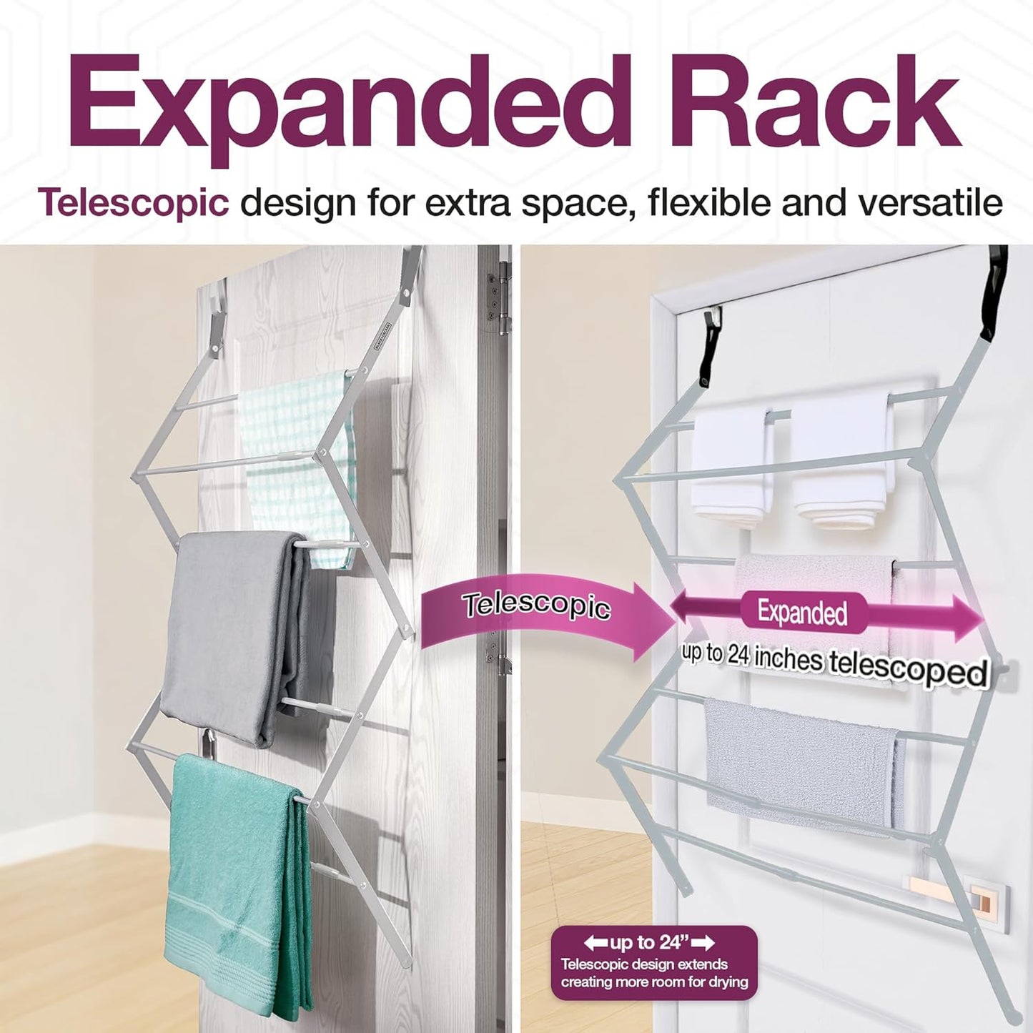 BLACK+DECKER Over The Door Expandable Telescopic Drying Rack, Clothes Organizer, Towel Hanger