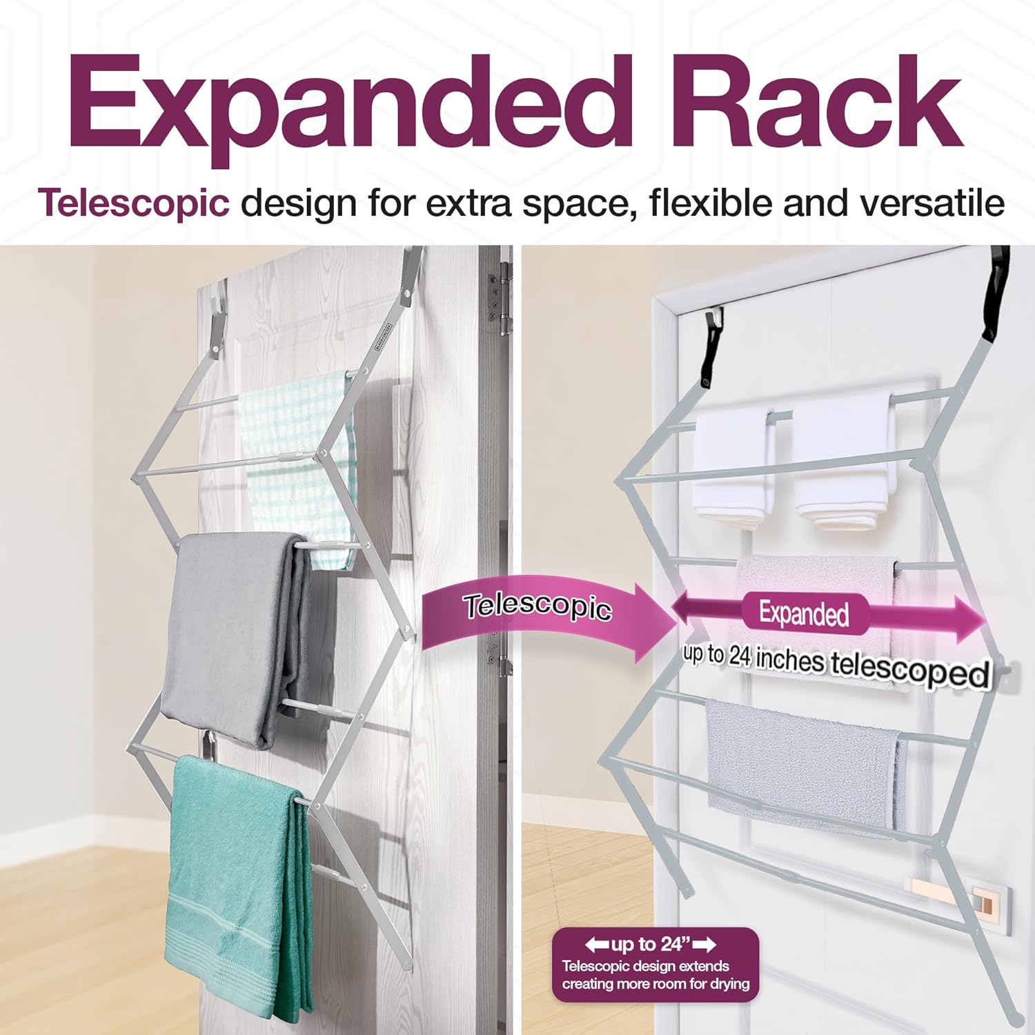BLACK+DECKER Over The Door Expandable Telescopic Drying Rack, Clothes Organizer, Towel Hanger